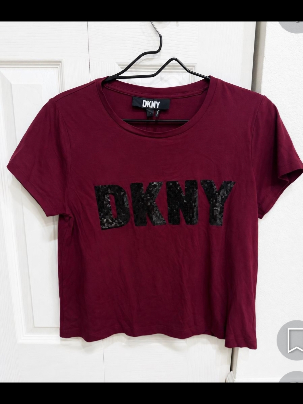 DKNY Women's Maroon Logo Sequin Short Sleeve Tee